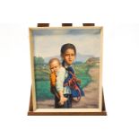 David Cheng (20th Century Chinese school) young Chinese girl carrying a child.