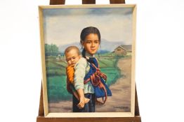 David Cheng (20th Century Chinese school) young Chinese girl carrying a child.