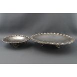 Two Continental white metal dishes, each on three feet, both stamped 800, 20 and 13 cms,
