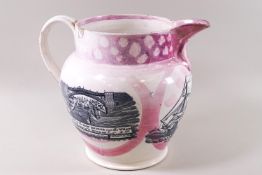 A large 19th century Sunderland lustre jug, decorated with a view of a bridge,