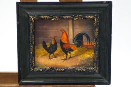 20th century school, chickens, oil on panel,