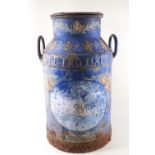 A painted milk churn, with a ship at sea within a roundel on a blue ground with flowers,