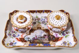 A 19th century German hard paste porcelain Meissen Hausmaleri style inkstand,
