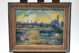 Asphodel, 20th century, Industrial river scene, possibly London, oil on board,
