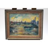 Asphodel, 20th century, Industrial river scene, possibly London, oil on board,