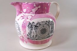 A large 19th century Sunderland lustre jug, 22cm high, with Mariner's compass and motto,