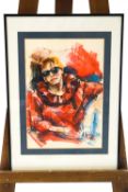 Jackie Cobb, Portrait of a woman wearing sunglasses, pastel, signed lower right.
