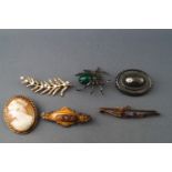 A collection of brooches to include a hallmarked 9ct gold pearl set leaf,