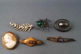 A collection of brooches to include a hallmarked 9ct gold pearl set leaf,