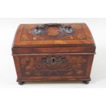 A marquetry tea caddy in the 18th century style, the lid with portrait inlay and carrying handle,