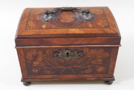 A marquetry tea caddy in the 18th century style, the lid with portrait inlay and carrying handle,