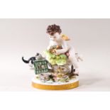 A Continental porcelain figure of a Putto holding a bird with its cage and a cat beneath him,