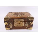 A Chinese jewellery box with decorative brass mounts and side handles, 12cm high x 23cm wide x 16.