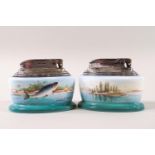 A pair of Minton porcelain table lighters, transfer printed decoration of a leaping fish,