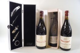 Three bottles of Chateauneuf du Pape and a wine box - Spring 19 sale