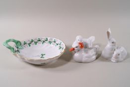 A Herend leaf form dish and two figure groups of ducks and rabbits, the dish 17cm,