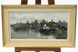 Jeremy King, Chiswick, Eyot on the Thames, oil on board, signed and dated 79, lower details,