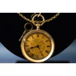 A 14ct gold open faced pocket watch with key wound movement and engraved floral case.