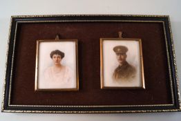 S. Wigins, Portrait miniatures of a lady wearing a pink dress and a Gentleman in uniform.