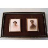 S. Wigins, Portrait miniatures of a lady wearing a pink dress and a Gentleman in uniform.