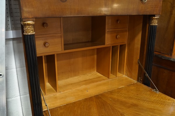 A 19th century Continental mahogany Secretaire abatant, with parcel gilt and ebonised columns, - Image 3 of 5