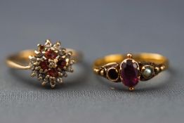 A hallmarked 9ct gold garnet and diamond cluster ring together with a hallmarked 22ct gold