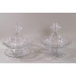 A pair of early 20th century glass eight sided bon-bon dishes with covers and stands,