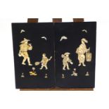 A pair of early 20th century Japanese lacquered panels with bone figures in relief, 45.