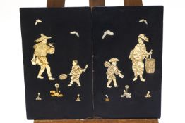A pair of early 20th century Japanese lacquered panels with bone figures in relief, 45.
