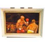 Ron Olley, a boxing match, fighting a corner, oil on canvas, signed lower left,