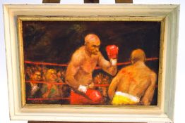 Ron Olley, a boxing match, fighting a corner, oil on canvas, signed lower left,