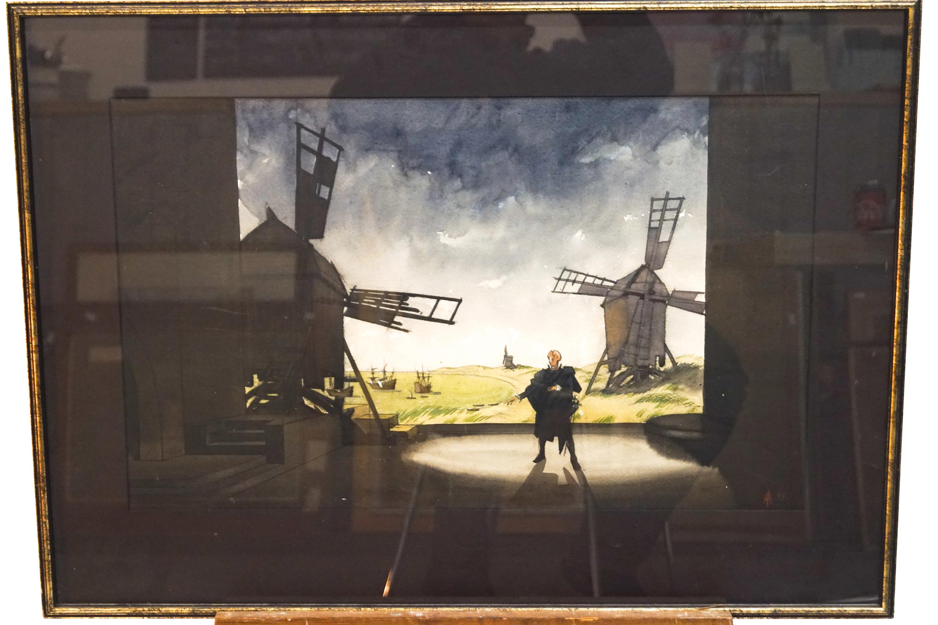 Laurence Irving, Set design with windmills, watercolour.