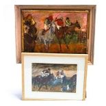 Ron Olley, The start of a horse race with four jockeys, oil on canvas, signed lower left,