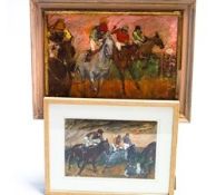Ron Olley, The start of a horse race with four jockeys, oil on canvas, signed lower left,
