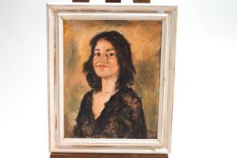 Ron Olley, Portrait of a young lady in a black dress, oil on canvas, signed lower right,