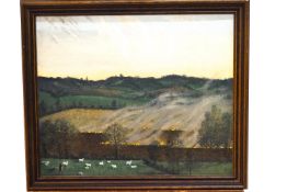 Laurence Irving, Burning the stubble, oil on board, signed with monogram lower right and dated.