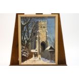 Laurence Irving, Snowy walk to the church, acrylic on board, signed with monogram lower right.