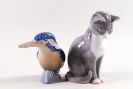 Royal Copenhagen, a figure of a Kingfisher and a figure of a seated cat.