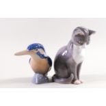 Royal Copenhagen, a figure of a Kingfisher and a figure of a seated cat.