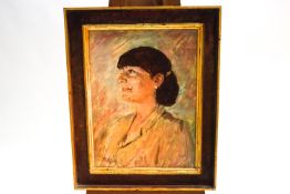 Ron Olley, Portrait of a lady looking to the left, oil on hardboard, signed lower left,