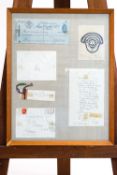 A framed montage of correspondence to Laurence Irving.