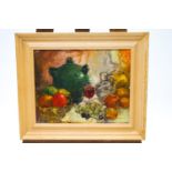 Ron Olley, Still Life of fruit and a wine jar, oil on canvas on board, signed lower left,