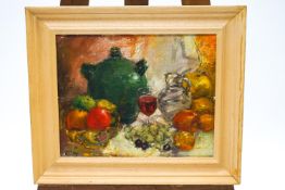 Ron Olley, Still Life of fruit and a wine jar, oil on canvas on board, signed lower left,