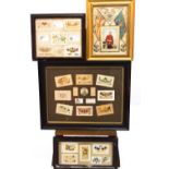 A collection of WWI embroidered Sweetheart cards and Victorian greetings cards, framed and glazed,