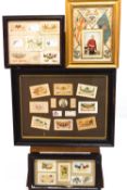 A collection of WWI embroidered Sweetheart cards and Victorian greetings cards, framed and glazed,
