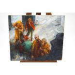 Ron Olley, After an etching by D Hills, A Street scene with buskers, oil on canvas,