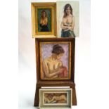 Ron Olley, a semi-clothed female nude, oil on canvas on hardboard, signed lower left, 27cm x 17cm,