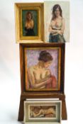 Ron Olley, a semi-clothed female nude, oil on canvas on hardboard, signed lower left, 27cm x 17cm,