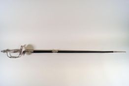 A Court style sword in black scabbard with steel pommel, grip and hilt,