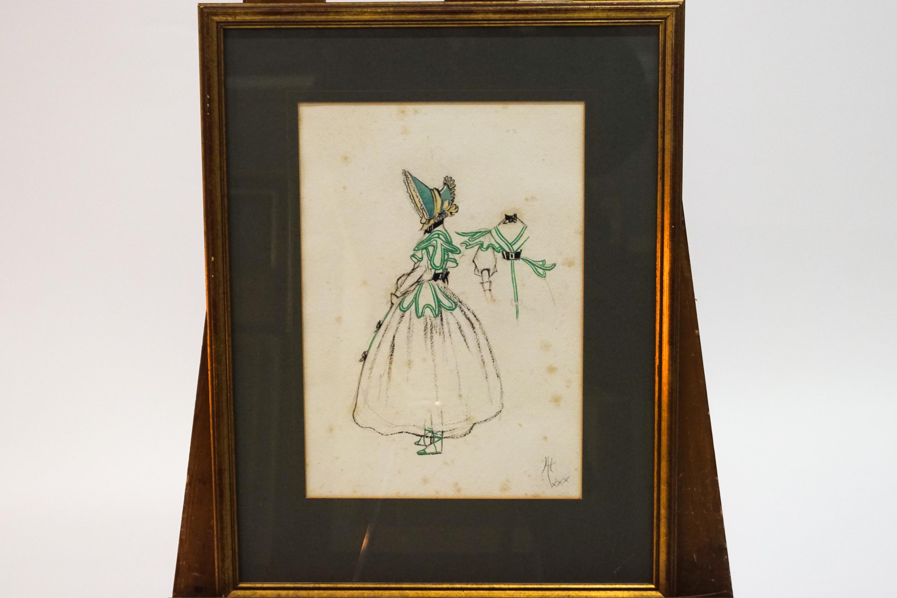 Laurence Irving, Costume design of a girl in a green bonnet, bodycolour and pencil.